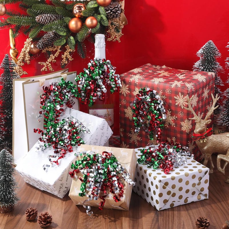 Lyrow Store 30 Pcs Curly Bows Self Adhesive Gift Wrap Accessory Holiday Gift Bows for Presents Wrapping Wine Bottle Treat Bag Bridal Shower Wedding Party Favor(Red Green Silver) - Image 4